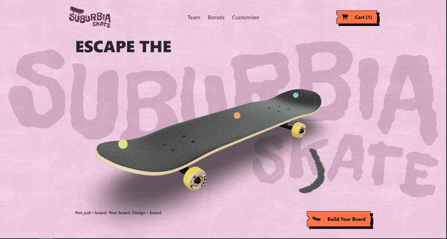 Suburbia Skate - Custom Skateboard Landing Page (Next.js, Fiber.js)